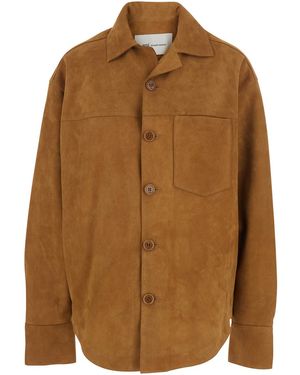 Ami Paris Jacket With Spread Collar And Curved Hem - Brown