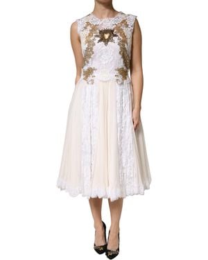 Dolce & Gabbana Ivory Lace Silk Embellished Sleeveless Dress Cotton - White