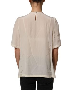 Dolce & Gabbana White Lace Trim Bow Short Sleeves Blouse Top - Natural