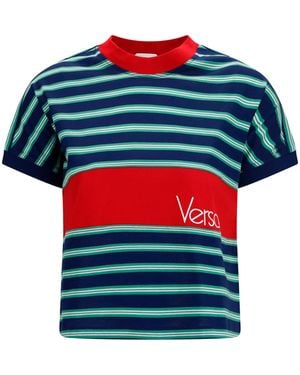 Versace Striped Cotton T-Shirt Ink + Grass T-Shirts - Red