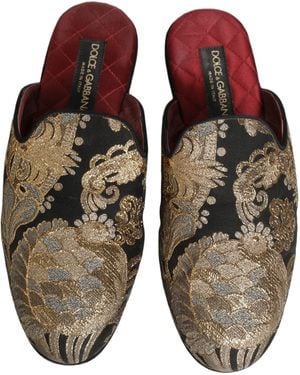 Dolce & Gabbana Floral Jacquard Flats Sandals Shoes Faux Fur - Natural