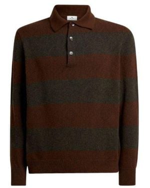 Etro Long-Sleeved And Burgundy Striped Wool Knit Polo Shirt - Brown