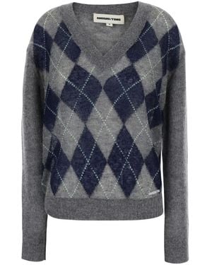 ShuShu/Tong V-Neck Sweater With Diamond Motif Mohair Nylon Top - Blue