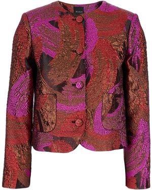 Le Plain Fuchsia Collarless Jacket With All-Over Broccato Motif - Red