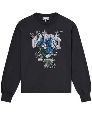 Ganni Floral Print Sweatshirt Cotton - Blue