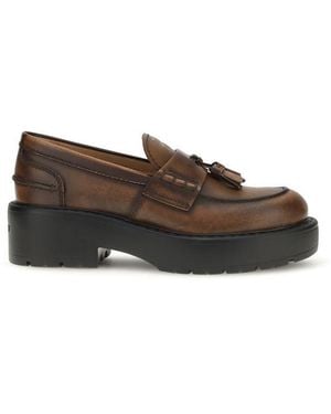 Miu Miu Calf Leather Bos Taurus Platform Loafers - Brown