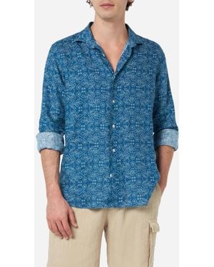 Mc2 Saint Barth Linen Shirt Pamplona With Sashiko Print - Blue