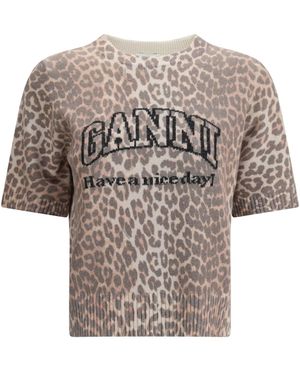 Ganni Leopard Print Short Sleeve Jumper - White