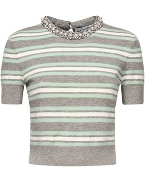 Self-Portrait Striped Sweater With Crystal Trim - Gray