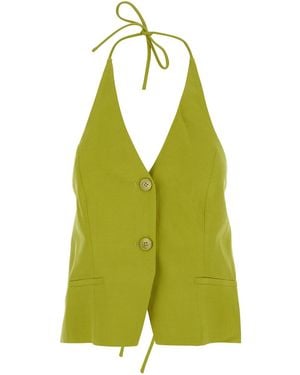 Twinset Vest V-Neck Linen Blend Lyocell Blazers - Green