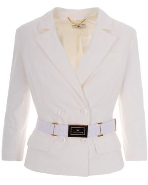 Elisabetta Franchi Ivory Bi-Elastane Blazer With Classic Lapel And Accents - White
