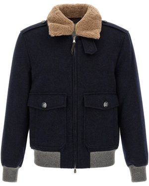 Brunello Cucinelli Cashmere Bomber With Shearling Collar Jacket - Blue