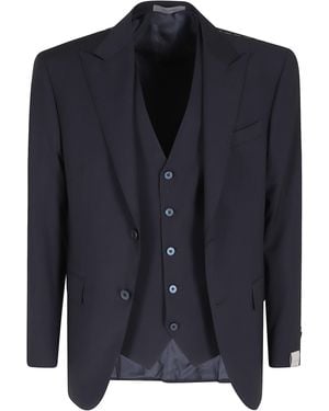 Corneliani Abito Con Gilet Tela Di Lana - Blue