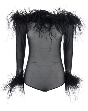 Twentyfourhaitch Zuben Top With Boat Neck And Removable Feathers Applied To The Edges - Black