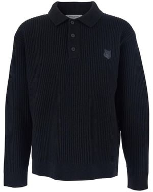 Maison Kitsuné Ribbed Sweater With Front Logo Patch - Blue