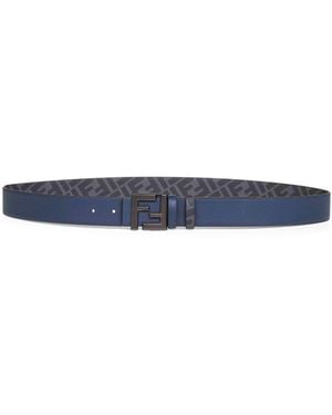 Fendi Leather And Ff Canvas Squared Ff Reversible Belt - White