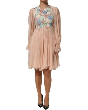 Dolce & Gabbana Pink Floral Embroidery Pleated A - Natural
