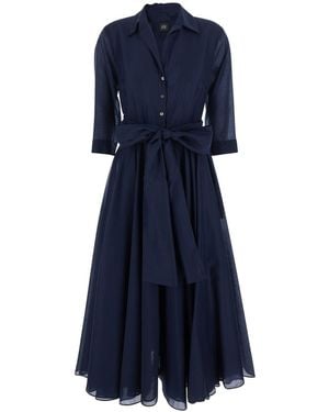 Le Plain Long Dress With Adjustable Waist Belt And Cuban Collar - Blue