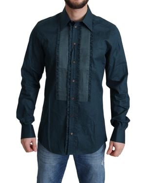 Dolce & Gabbana Elegant Ruffled Tuxedo Shirt Cotton - Blue