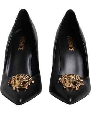 Versace Leather Logo Plaque High Heels Pumps Shoes Calf - Black