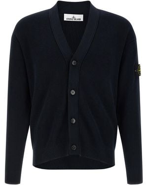 Stone Island Knitted V Neck Cardigan - Blue