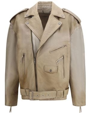 Golden Goose Beige Buffalo Leather Biker Jacket - Natural
