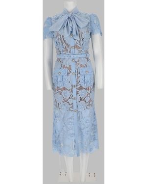 Self-Portrait Lace Midi Dress With Bow Polyester - Blue
