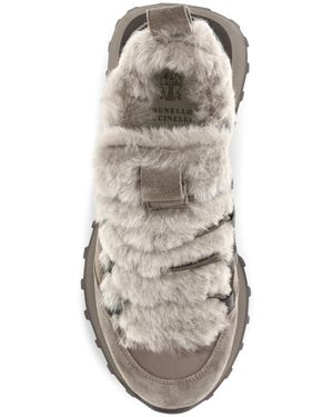 Brunello Cucinelli Suede Shearling-Lined Sneakers Upper: Sneakers - White