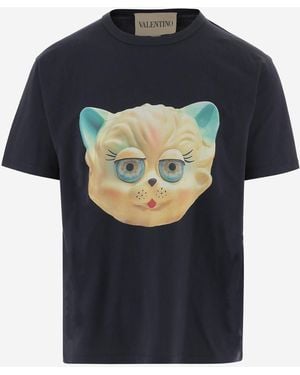 Valentino Cotton T-Shirt With Le Chat De La Maison Print T-Shirts - Black