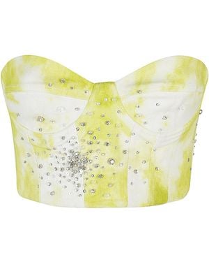 Des Phemmes Tie Dye Embroidered Denim Bustier Cotton Elastane Top - Yellow