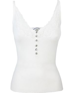Self-Portrait Ribbed Top With Lace Trim - White