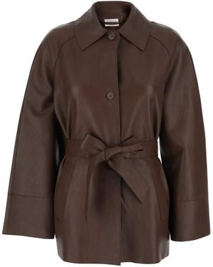 P.A.R.O.S.H. Leather Jacket With Wide Collar And Front Belt For - Brown