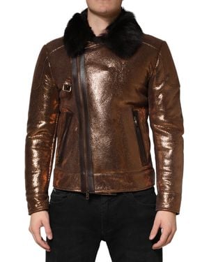 Dolce & Gabbana Leather Fur Full Zip Biker Jacket Clothing - Brown