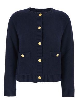 Le Plain Crewneck Cardigan With Jewel Buttons And Two Front Patch Pockets - Blue