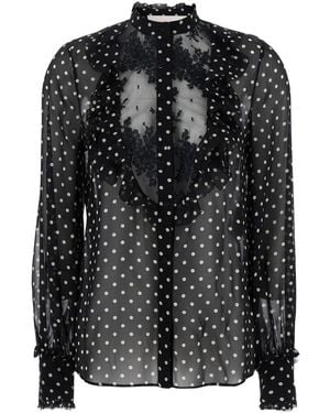 Valentino Crewneck Shirt With Floral Embroidery Silk Blouses - Black
