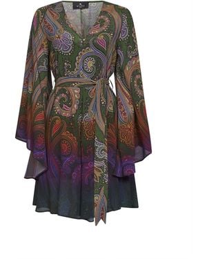 Etro Paisley-Printed Crêpe De Chine Belted Mini Dress - Green