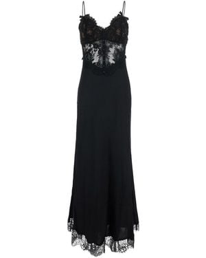 Self-Portrait Long Satin Dress With Lace Details Viscose - Black