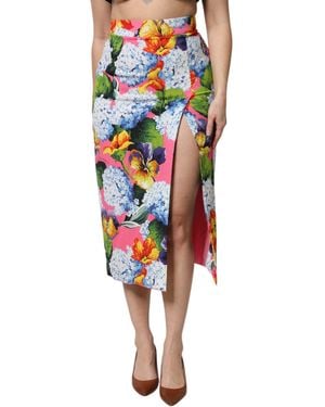 Dolce & Gabbana Floral Print Midi Skirt Side Slit - Pink