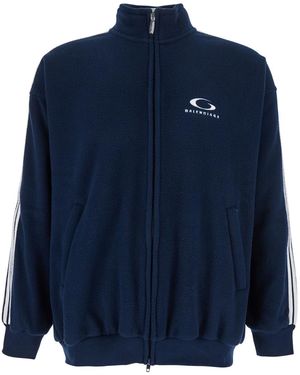 Balenciaga Sweatshirt With Logo Detail On Front And Rear And Striped Detail On The Sleeve - Blue