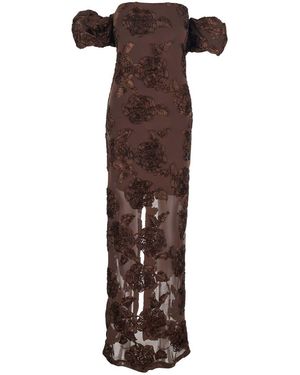 ROTATE BIRGER CHRISTENSEN Long Dress With Removable Short Sleeves And All-Over Floral Embroidery - Brown