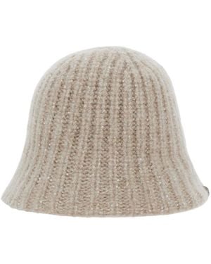 Brunello Cucinelli Knitted Beanie With Diamond Yarn Cashmere Blend Hat - White