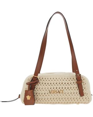 Versace Tag Bowling Shoulder Bag With Metallic Logo Lettering And Medusa Head Pendant - Natural