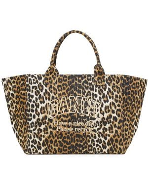 Ganni Tote Bag Leopard Print Recycled Cotton Handbags - Metallic