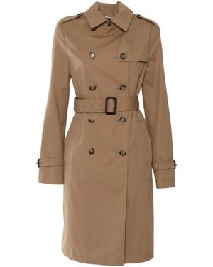 Sealup Double-Breasted Midi Trench Coat, Water Repellent Cotton Blend, Chain Lining, Genuine Leather Buckle, Horn Buttons With Logo - Natural