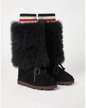 Brunello Cucinelli Shearling Cuff Suede Lace Up Boots - Black