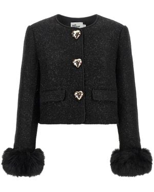 Self-Portrait Bouclé Wool Blend With Fur Cuffs Jacket - Black