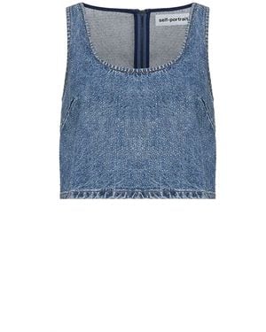 Self-Portrait Self Portrait Rhinestone Denim Crop Top - Blue