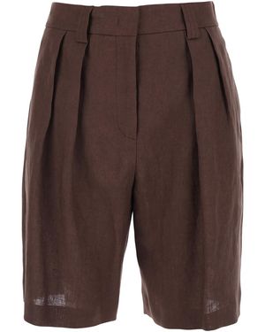 Le Plain Linen Front Pleated Shorts For And Bermuda - Brown
