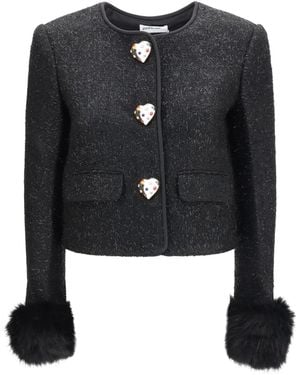 Self-Portrait Metallic Bouclé Jacket With Faux Fur Cuffs - Black