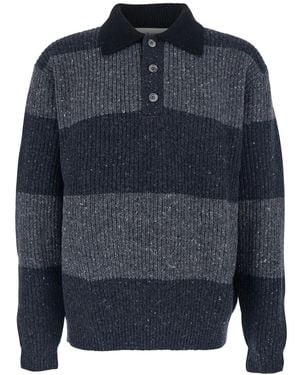 DUNST Polo Shirt With Ribbed Design And Striped Motif - Blue